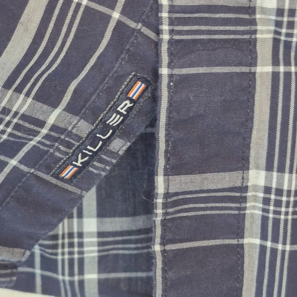 Killer Mens Navy Blue White Plaid Button Down Shirt Long Sleeve Cotton Large